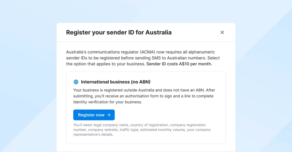 No ABN registration for sender ID Australia