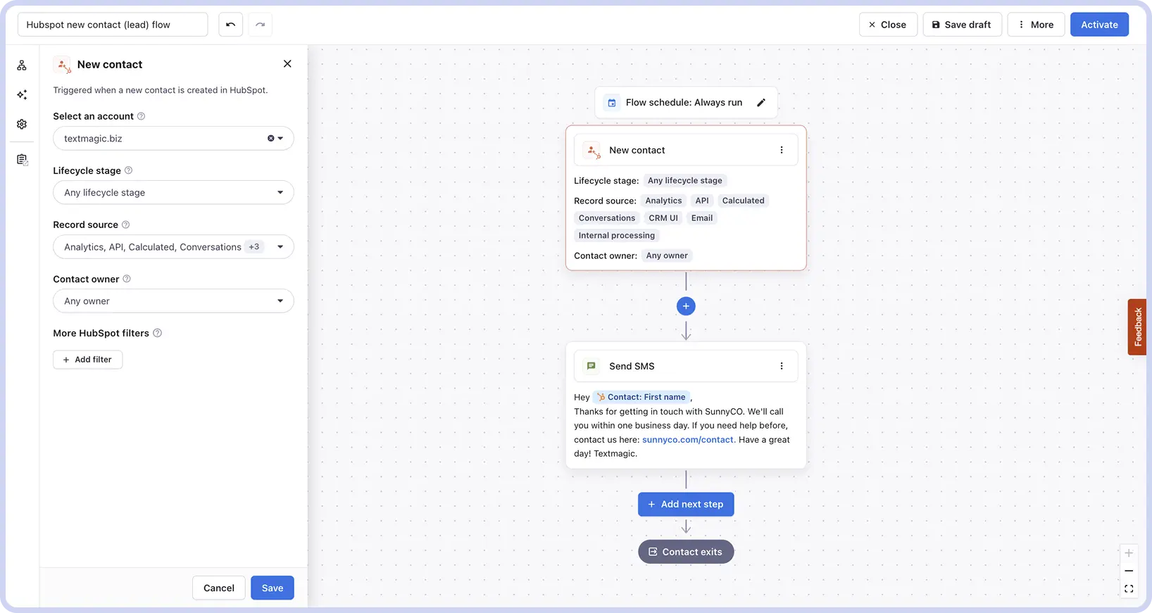 Automation flow for new leads in Hubspot with Textmagic