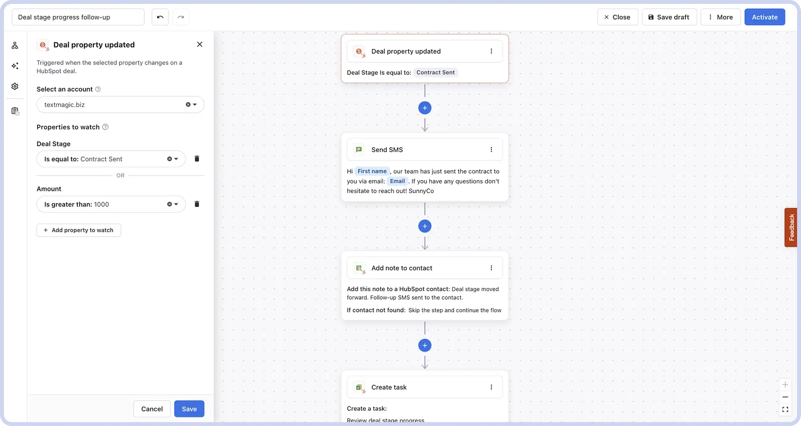 Automation flow Textmagic and Hubspot: Deal property updated