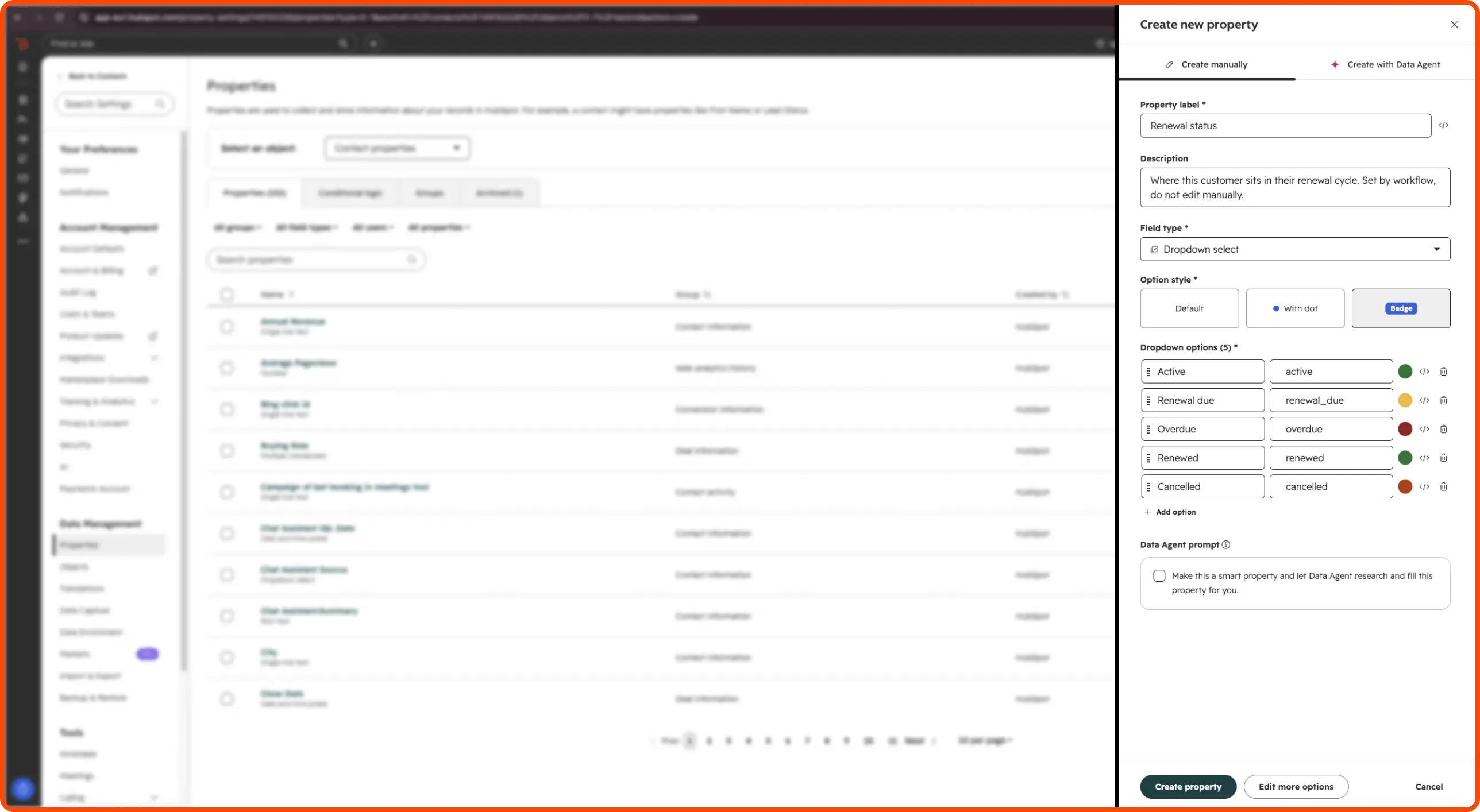 Creating a new dropdown property in Hubspot