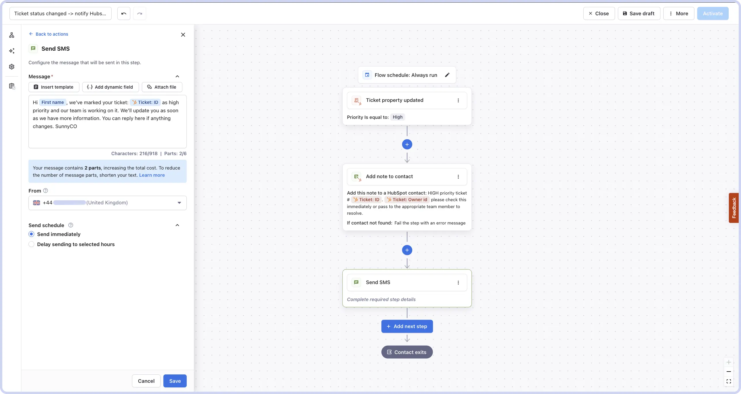 Example of ticket property updated automation with Textmagic and Hubspot