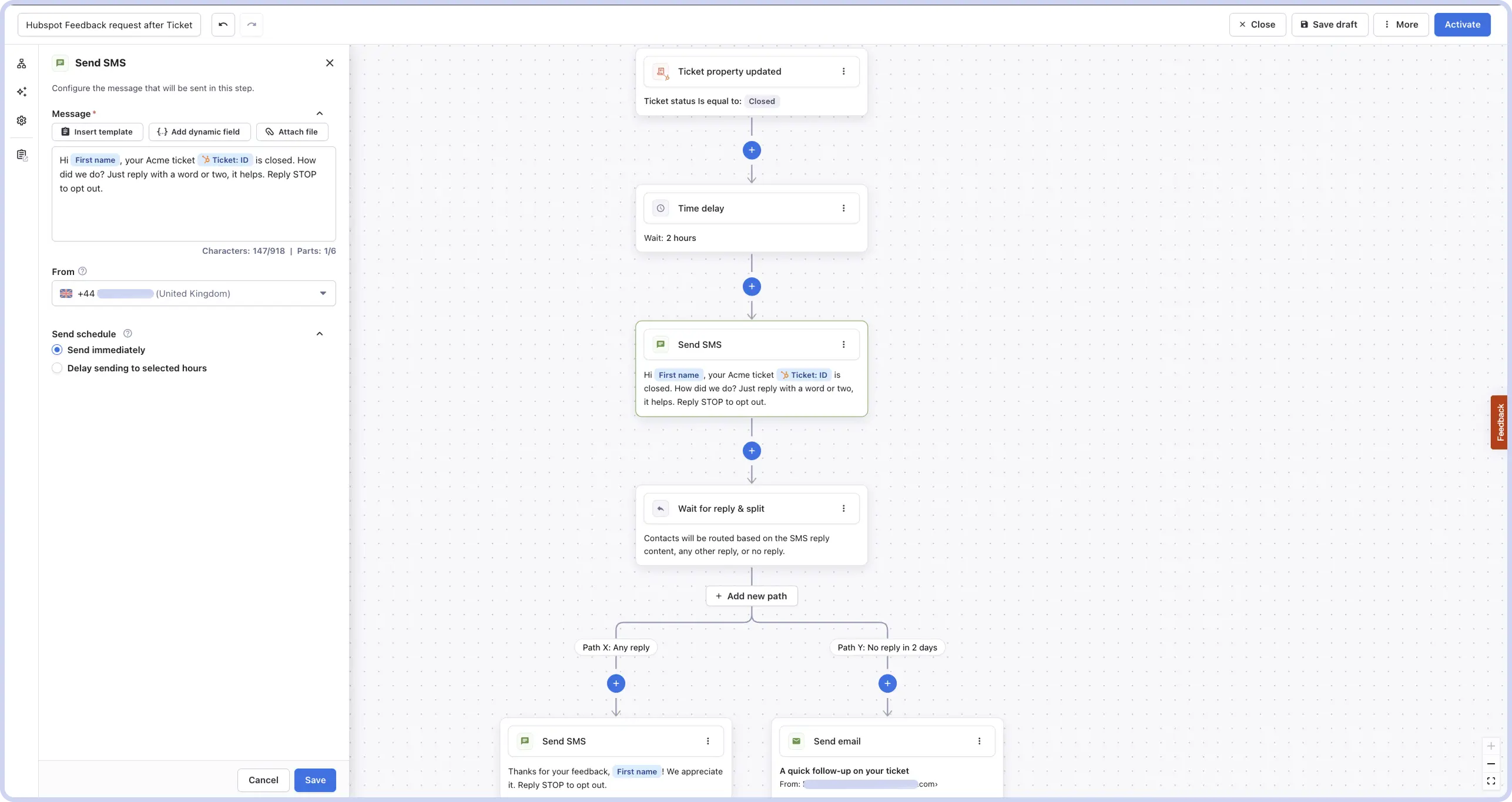 Feedback request via SMS after Hubspot ticket