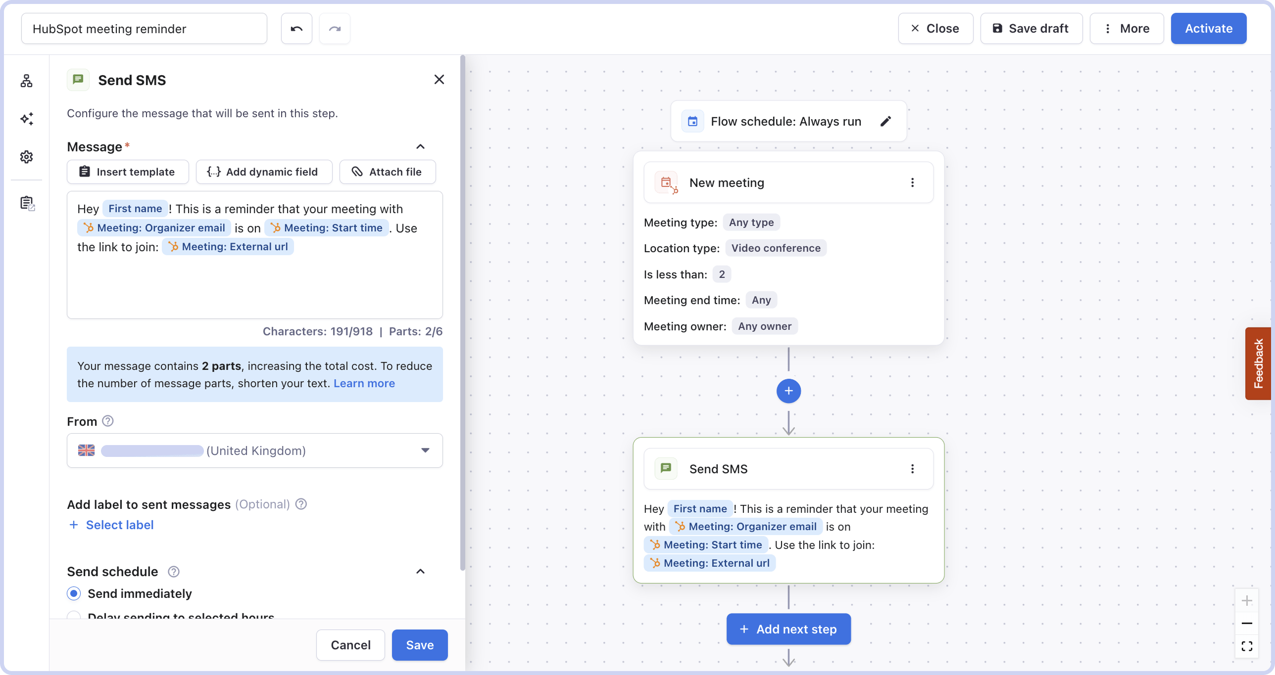 HubSpot meeting and send SMS automation flow with Textmagic