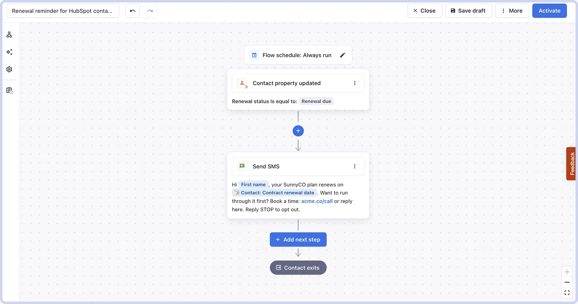 Example of renewal date reminder automation with Textmagic and Hubspot